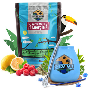 Yerba Maté ensemble Rio Parana Energia 500g Calebasse + Bombilla