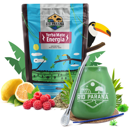 Yerba Maté ensemble Rio Parana Energia 500g Calebasse + Bombilla