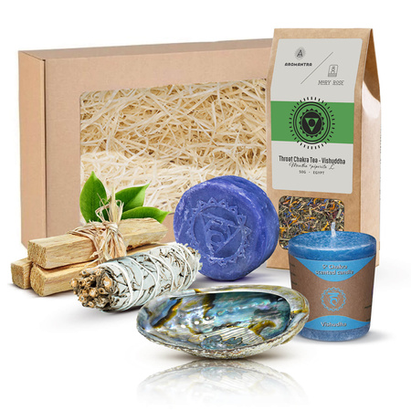 Coffret pour chakra de la gorge (Vishuddha) : thé du chakra + encens + bougie