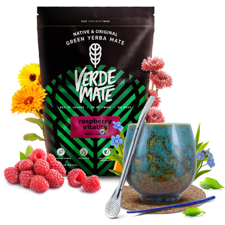 Yerba Maté ensemble Verde Mate Raspberry 500g Calebasse + Bombilla